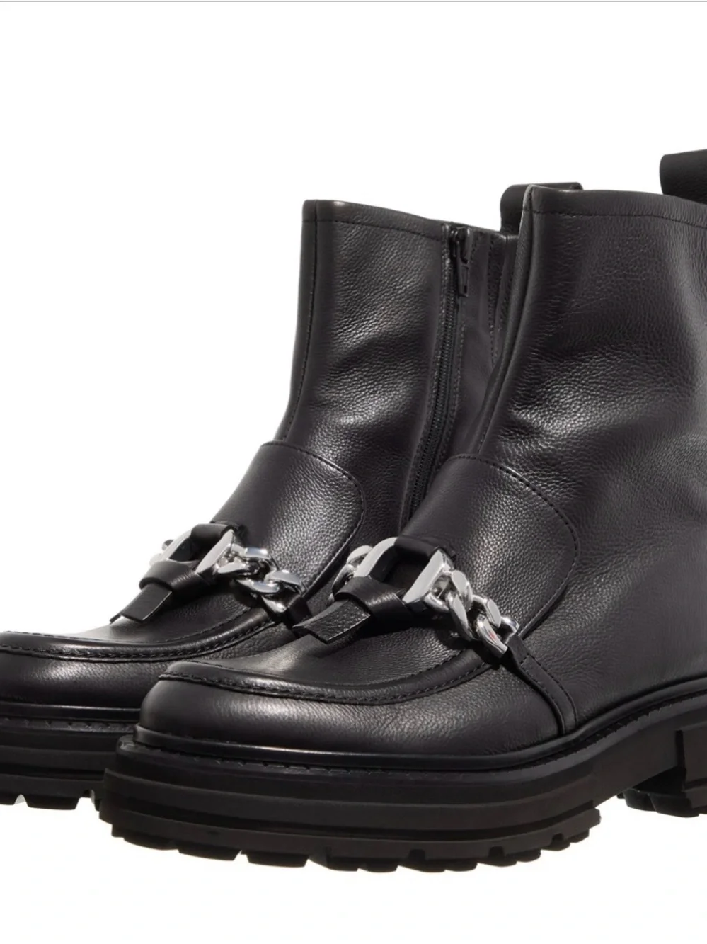 Women's Black Leather Chain-Trim Ankle Booties
